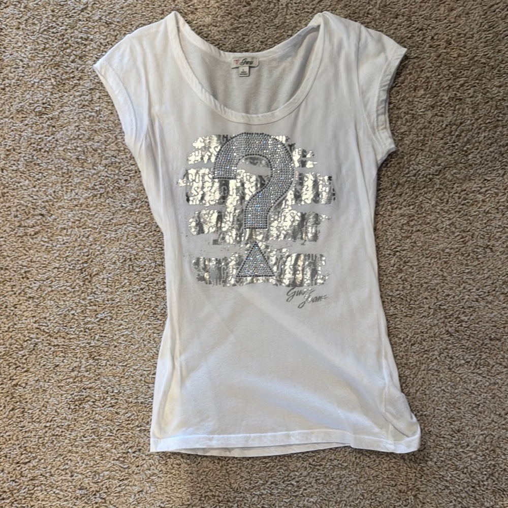 Guess White T-Shirt with Silver Metallic Embellished Design